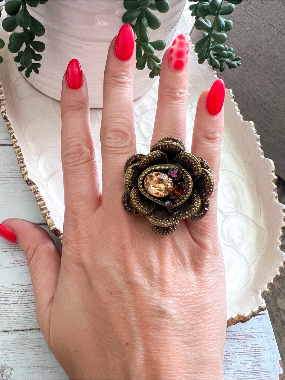 Sorrelli Bronze Floral Ring with Amber and Purple Accents